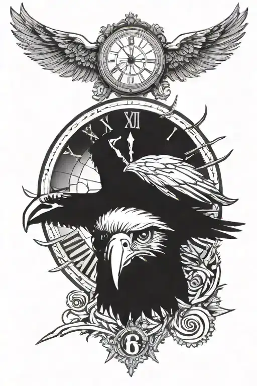 human eye with a broken Roman numeral clock around with an eagle underneath tattoo design idea