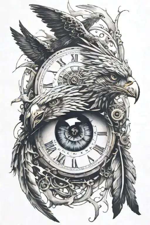 human eye with a broken clock around it with an eagle underneath tattoo design idea