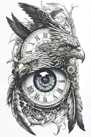 human eye with a broken clock around it with an eagle underneath tattoo design idea