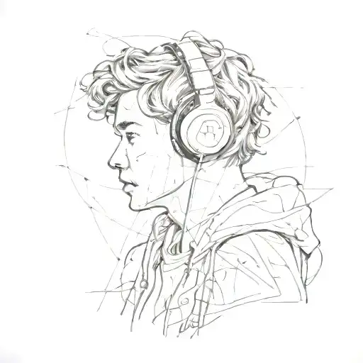 A sketch style design of a person walking with headphones on, surrounded by bts lyrics tattoo design idea