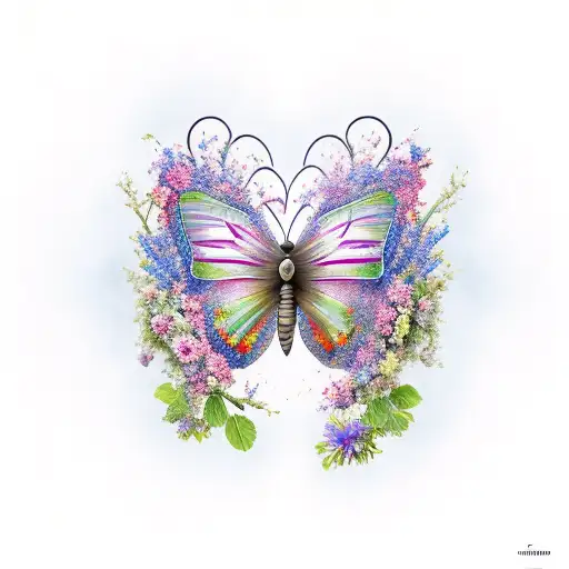 A butterfly on a bleeding human heart with wildflowers surrounding it. tattoo design idea