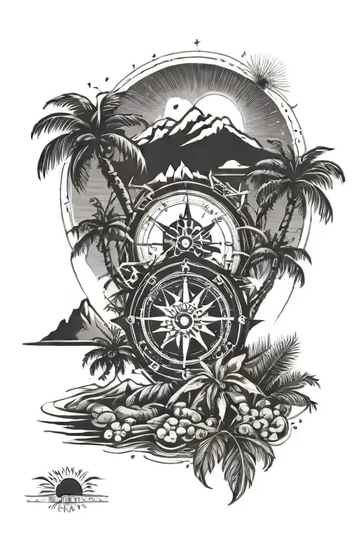 Wind rose, compass, fish, palm trees, mountains, sun tattoo design idea
