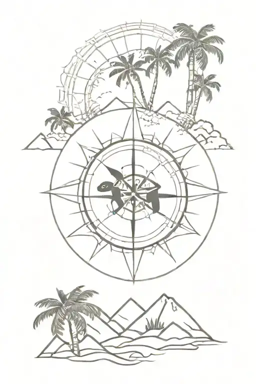 Compass rose, turtle, island, palm trees, mountains, sun tattoo design idea