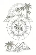 Compass rose, turtle, island, palm trees, mountains, sun tattoo design idea