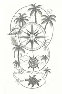 Compass rose, turtle, island, palm trees, mountains, sun tattoo design idea