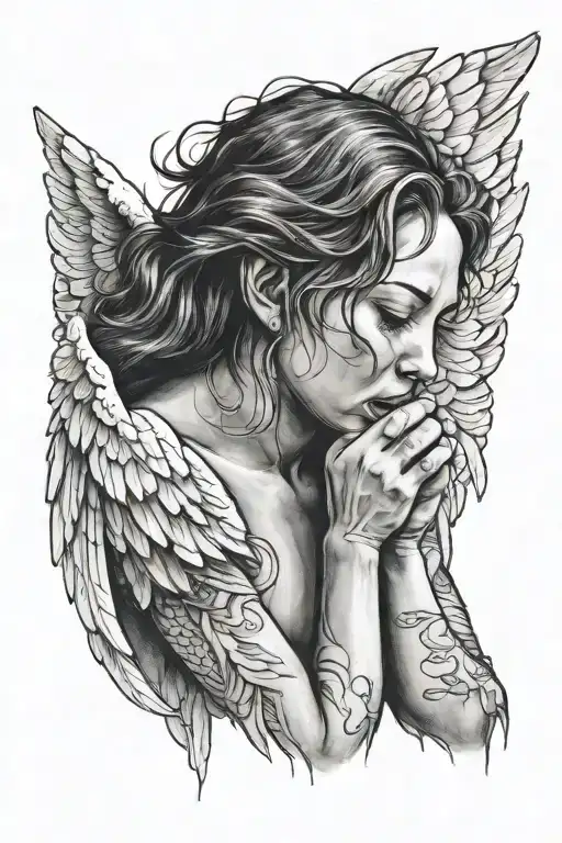 angel crying with eyes closed with hands on face tattoo design idea