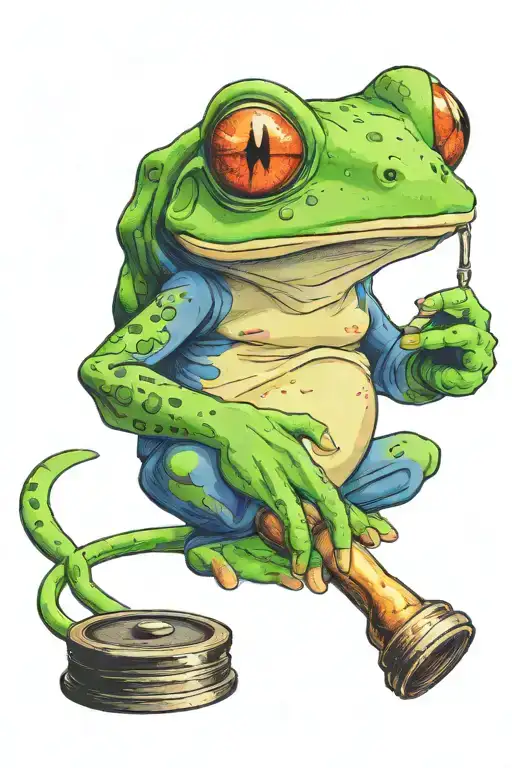red eye tree frog  debating against  an opponent.  he is holding a traditional gavel while sitting a Tibetan mountain  tattoo design idea