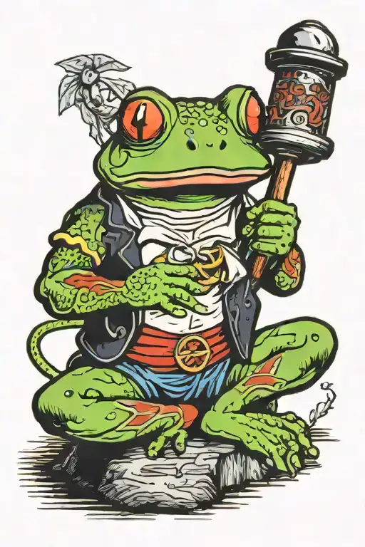 red eye tree frog coaching debate holding a judge's gavel while sitting a Tibetan mountain  tattoo design idea
