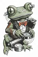 red eye tree frog coaching debate holding a gavel in Tibet tattoo design idea