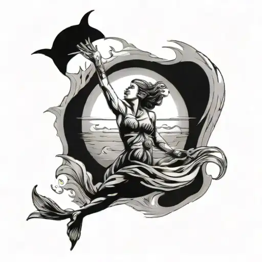 Tattoo design In a rectangle: woman underwater reaching up to the sky towards the sun. Under the water there is a layer  tattoo design idea