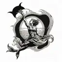 Tattoo design In a rectangle: woman underwater reaching up to the sky towards the sun. Under the water there is a layer  tattoo design idea