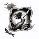 Tattoo design In a rectangle: woman underwater reaching up to the sky towards the sun. Under the water there is a layer  tattoo design idea