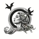 Tattoo design In a rectangle: woman underwater reaching up to the sky towards the sun. Under the water there is a layer  tattoo design idea