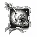 Tattoo design In a rectangle: woman underwater reaching up to the sky towards the sun. Under the water there is a layer  tattoo design idea