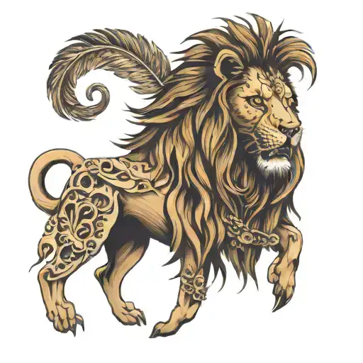 lion wearing human skull necklace containing 3 feathers tattoo design idea