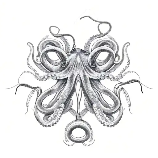 A realistic octopus tangled in fishing lines and hooks tattoo design idea