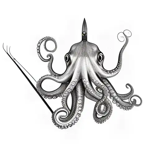 An octopus using its tentacles as fishing rods to catch various sea creatures tattoo design idea