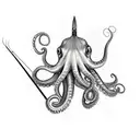 An octopus using its tentacles as fishing rods to catch various sea creatures tattoo design idea