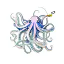 An octopus using its tentacles as fishing rods to catch various sea creatures tattoo design idea