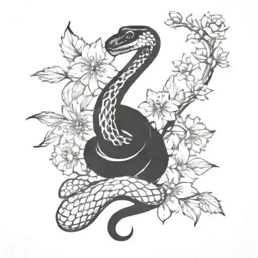 Snake and flowers tattoo design idea