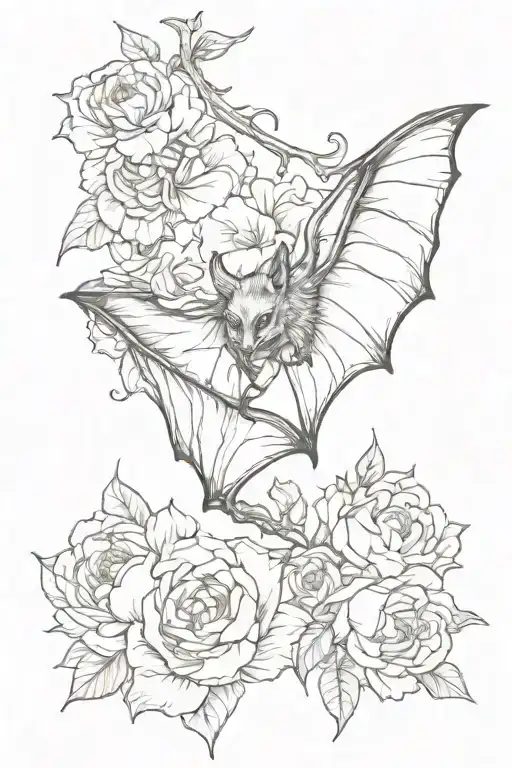 spooky bat hanging upside with peonies flower tattoo tattoo design idea