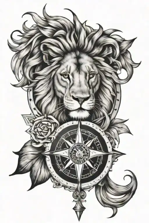 lion and a compass rose tattoo design idea