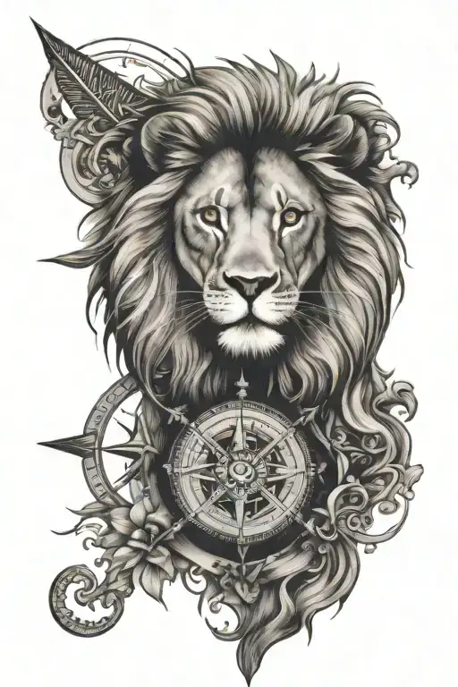 lion and a compass rose tattoo design idea