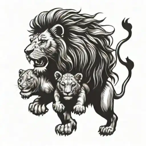 A lion wrestling with its cubs in a family portrait style tattoo design idea