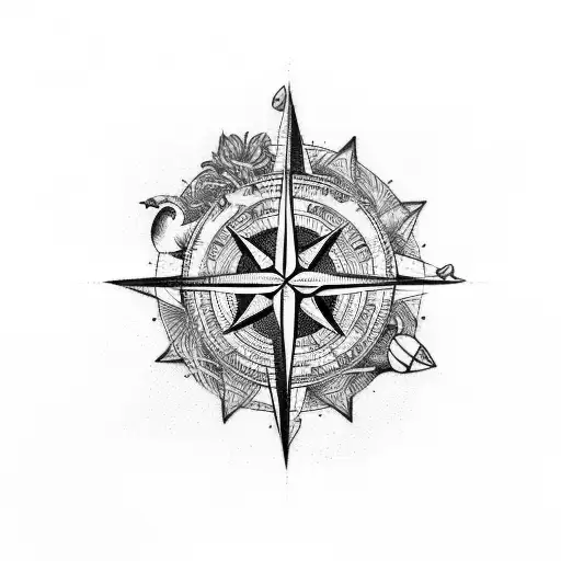 A tattoo design of a compass rose with the coordinates of your favorite surf spots, paying homage to your passion for surfing and exploration tattoo design idea