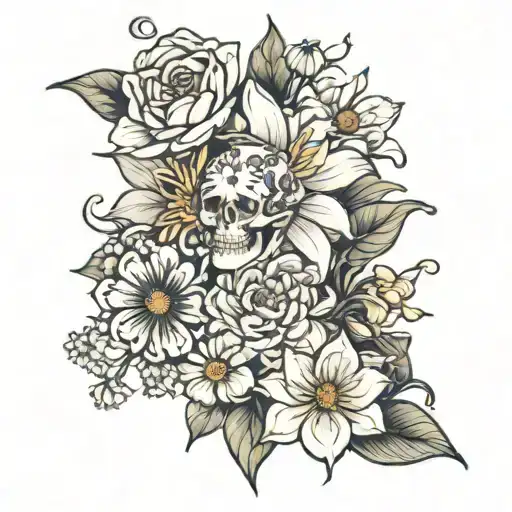  holly and narcissus, water lilly, daisy and sweet peas, and chrysanthemum buquet aesthetic  tattoo design idea