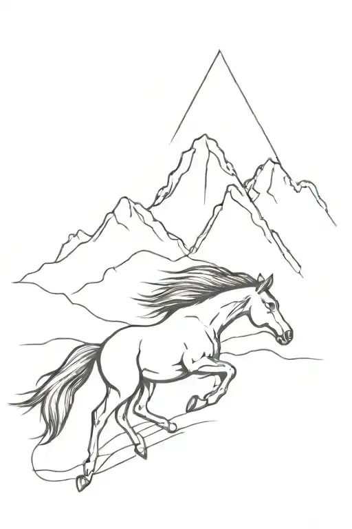 I want country type tattoo that's linework  that has a mustang in it with a mountain landscape  tattoo design idea
