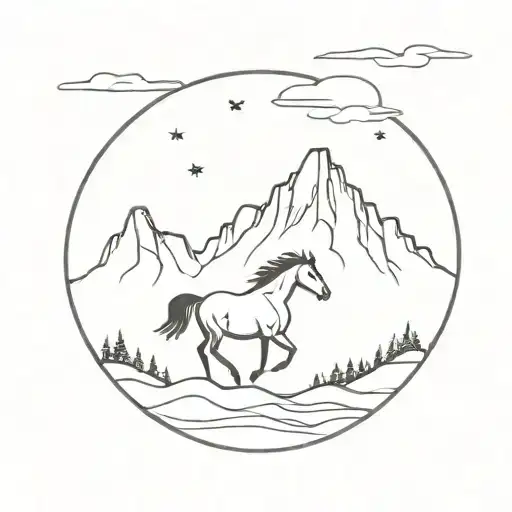 I want country type tattoo that's linework  that has a mustang in it with a mountain landscape  tattoo design idea