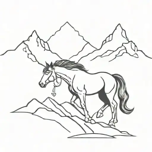 I want a line work tattoo design that has a mustang design with a mountain landscape tattoo design idea