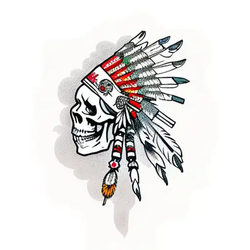 skeleton wearing Indian head dress smoking a pipe tattoo design idea
