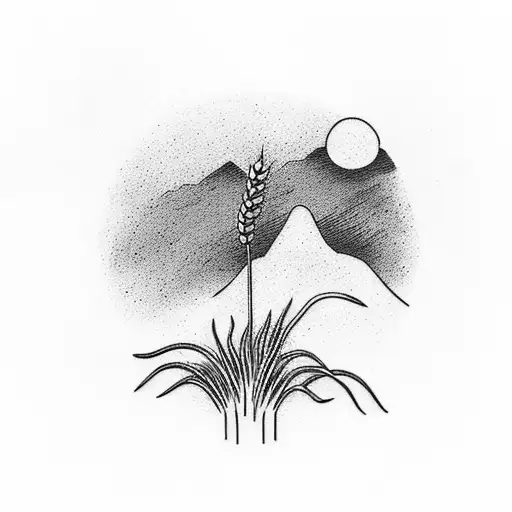 wheat field infront of mountains tattoo design idea