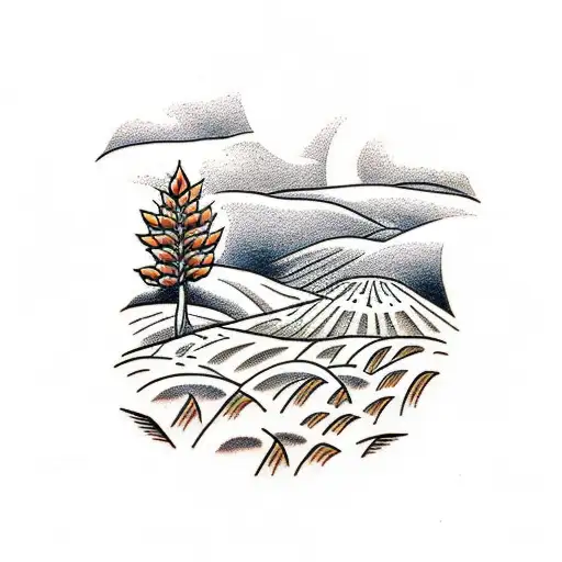 wheat field overlooking mountains tattoo design idea