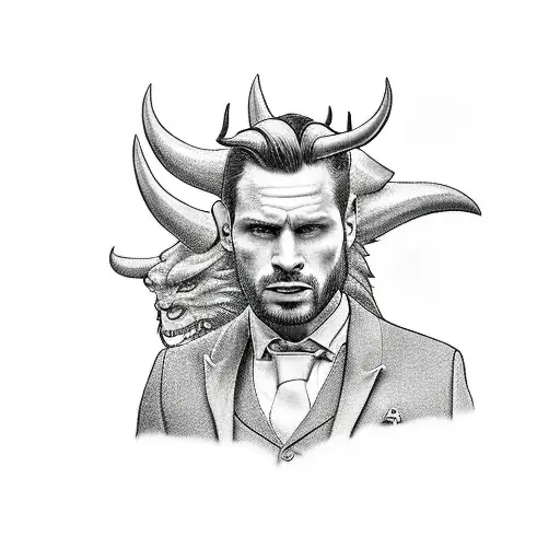 man in suit with devil horns tattoo design idea