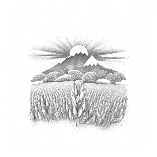 wheat field infront of mountains tattoo design idea