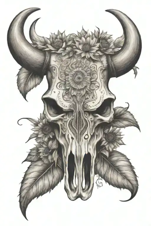 A detailed bull skull adorned with leather tooling patterns and sunflowers tattoo design idea