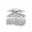 wheat field infront of mountains tattoo design idea