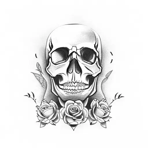 Skull and Woman and dices and clock and flowers tattoo design idea