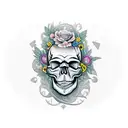 Skull and Woman and dices and clock and flowers tattoo design idea
