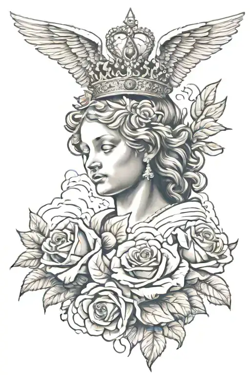 3 angels , crown, rose, clouds  tattoo design idea
