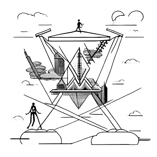 A tightrope walker finding balance between two skyscrapers tattoo design idea
