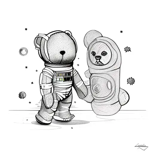 A cosmic astronaut student holding a broken teddy bear tattoo design idea