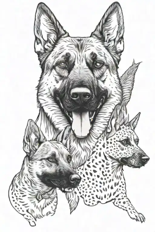A tattoo of your three dogs together, each represented in a different style - Belgian malinois in blackwork, American pocket bully in dotwork, and German shepherd in black-grey tattoo design idea