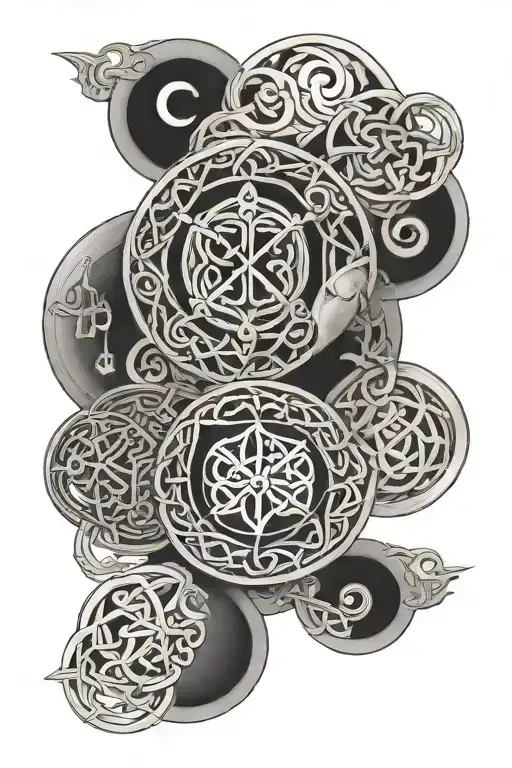 phases of moon between endless knot intertwined tattoo design idea