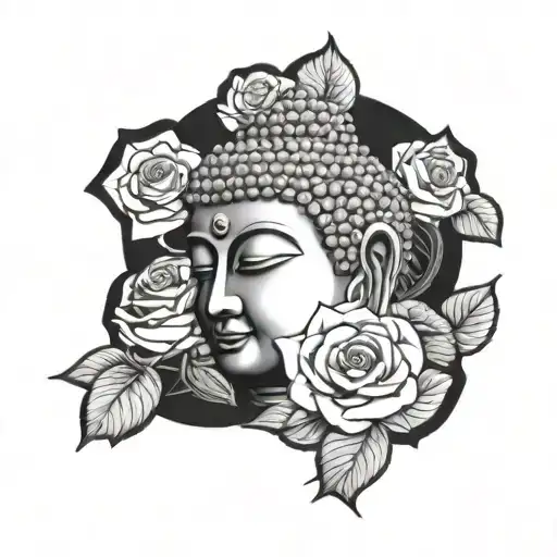 Buddha head and roses growing tattoo design idea