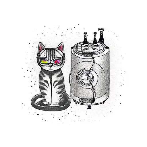 A new-school design of a cat DJ mixing records with beer bottles as turntables tattoo design idea