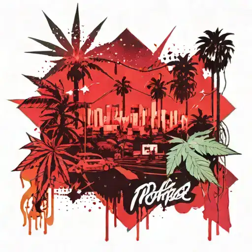 hollywood sign and marijuana theme and star accents tattoo design idea